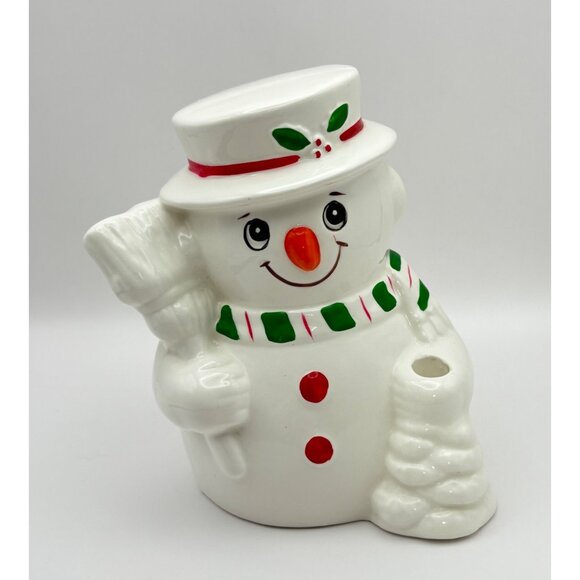 Vintage Snowman Piggy Coin Bank with Stopper Christmas Decor Holding Broom - Picture 7 of 7
